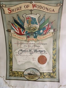 Coloured certificate presented to Captain K Mortimer by Wodonga Shire Council in appreciation of service during World War One