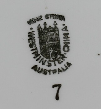 Maker's Mark for Westminster Fine China on base of plate featuring Westminster Abbey