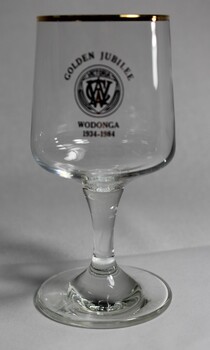 Wine glass with gold rim and CWA logo to celebrate Golden Jubilee of Wodonga CWA.