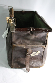 Open Gladstone bag end view showing metal hinge