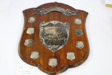 A wooden shield with a central metal engraved shield surrounded by smaller shields engraved with competition winners