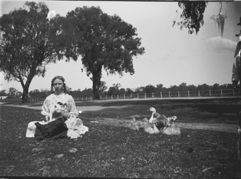 A girl on the left of the image is holding a kitten. A mother duck and ducklings are on the right.