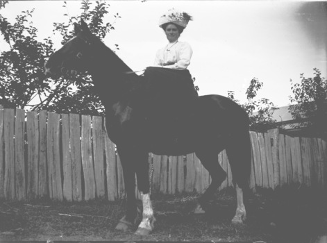 A woman on horseback. A paling fence and house are in the background.