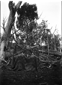 A baby is seated on a chair in the centre of the image.  The chair is covered by a blanket.