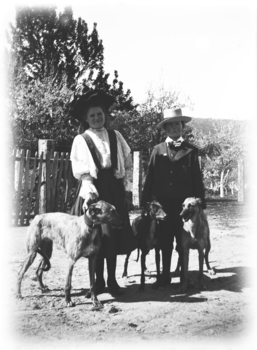 A girl and boy with 3 dogs. There is a wooden picket fence in the background.