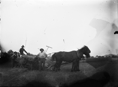 3 men with horses and farm machinery in a paddock.
