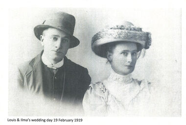 A portrait of Louis Haeusler and Ilma Tasker taken on their  Wedding Day on 19 February 1919.