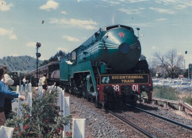 Bicentennial Train passing through Wodonga. Spectators on the left side of the track.
