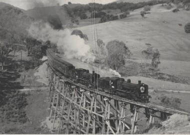 Steam Locomotive crossing a trestle bridge on the journey to Cudgewa