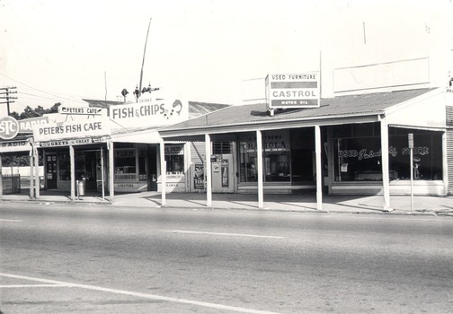   Shops in High Street West - Vee Jay Radio, Peter’s Fish Café, Jim Matthews Store