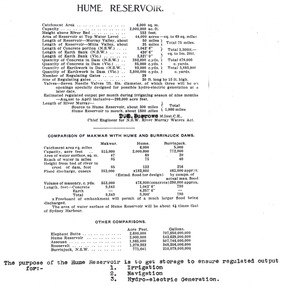 Table outlining dimensions of Hume Reservoir and comparisons to other dams