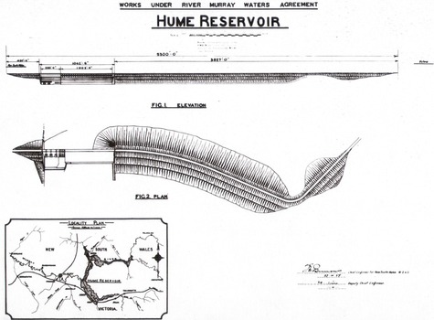 Diagrams of the Hume Reservoir and a location map