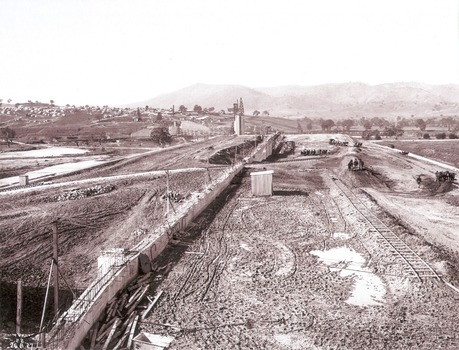 Looking down on the earth embankment and core wall.