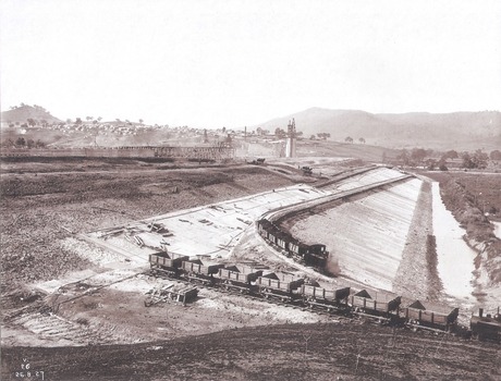 Concrete slabs in place on embankment