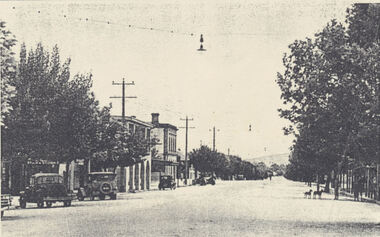 High Street, Wodonga lined with trees and several cars. Looking towards the north with the Terminus Hotel on the left.