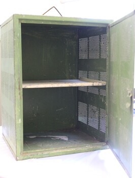 Meat safe with door open showing internal shelf and metal hook for hanging.