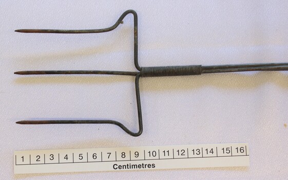 Head of toasting fork beside scale in centimetres