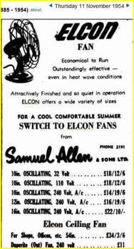 Advertisement for Elcon fans 1954 by Samuel Allen & Sons Pty Ltd