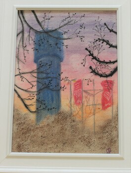 Pastel drawing showing Water Tower in Wodonga and red banners in background