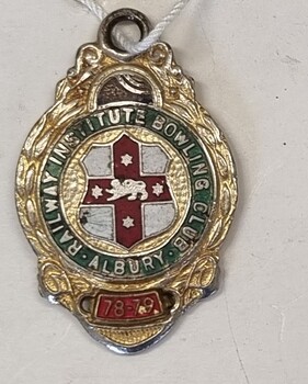 Railway Institute Bowling Albury Badge with red cross lion logo in centre