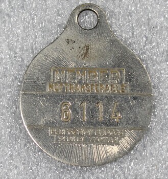 Lavington Sports Club Badge back showing member number and makers mark