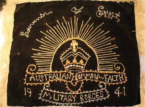 Silk pillow cover embroidered with the emblem of the Australian Commonwealth Military Forces