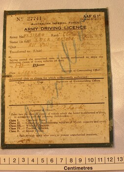 Australian Imperial Force - Army Driving Licence with scale