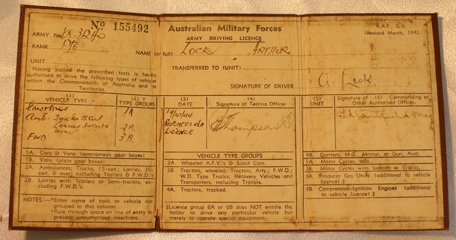  Australian Imperial Force - Army Driving Licence 1942