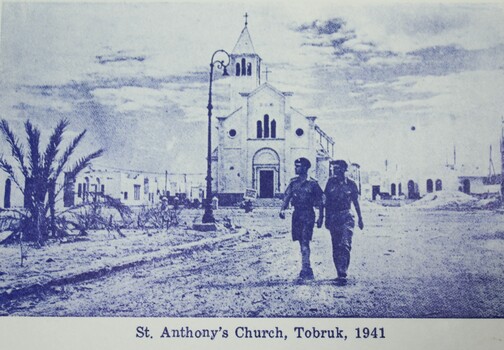 Photographic image of St. Anthony's Church, Tobruk 1941 inside Christmas card
