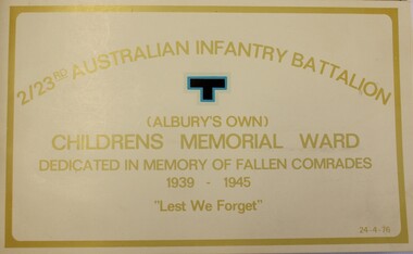 Program for Dedication of Children's Memorial Ward of Albury Hospital - Front cover