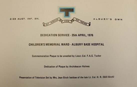 Program for dedication Service Children's Memorial Ward Albury Base Hospital - inside cover