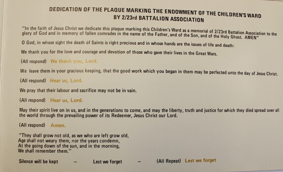 Service for dedication of plaque marking the endowment of Albury Hospital Children's Ward.