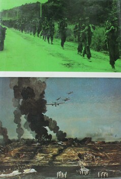 Top image 2/23rd Battalion troops move along the Anzac Highway, Tarakan. Bottom: The landing at Tarakan