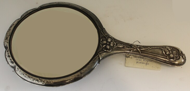 Silver hand mirror - glass side and embossed design