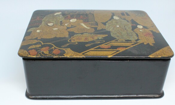 Chinese Lacquered Jewel Box Full view showing top illustration and plain black sides