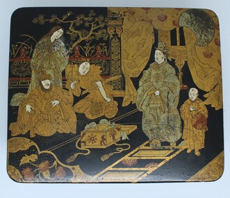 Chinese Lacquered Jewel Box - top view featuring 5 figures