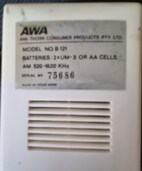 Specification information on back of AWA Radiola transistor