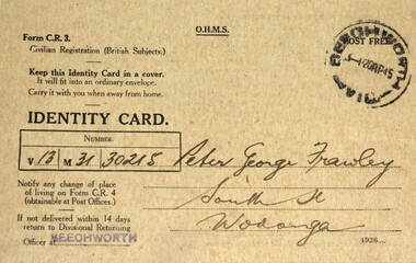 British Subject Identity card Peter George Frawley - front