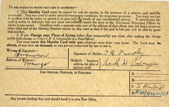 British Subject Identity card Peter George Frawley - back