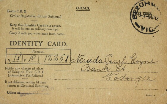 British Subject Identity card Nereida Pearl Goyen - front