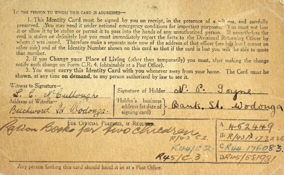 British Subject Identity card Nereida Pearl Goyen - back