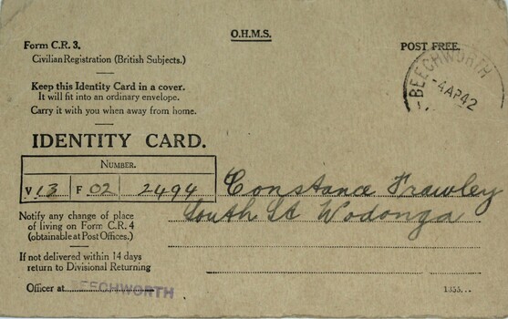 British Subject Identity card Constance Frawley - front