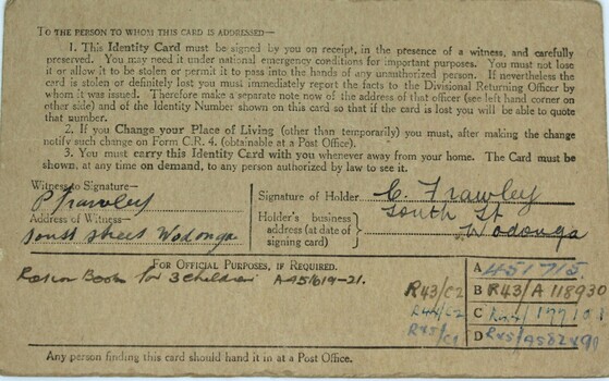 British Subject Identity card Constance Frawley - back
