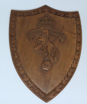 RAEME regimental Shield with emblem featuring unicorn.