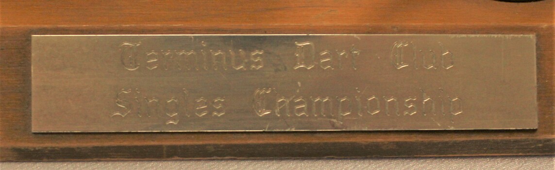 Darts trophy plaque on front of trophy