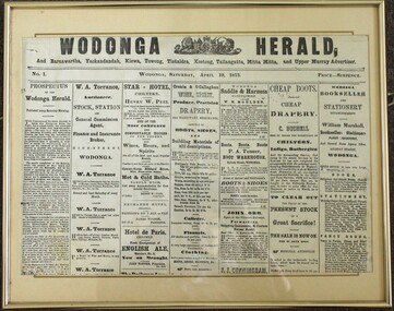 Front page of the Wodonga Herald first edition published 1873