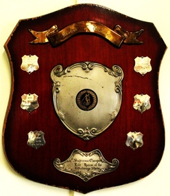 Wooden shield with metal engraved plaques.