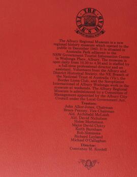 Back cover including a profile of the Albury Region Museum and its Trustees