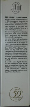 Information provided on cover leaf of book giving background about transformers.