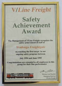 V/Line Freight Safety Achievement Award Certificate 